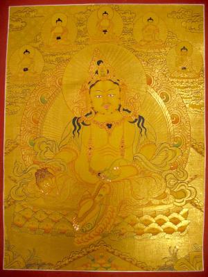 Golden Zambala | Original Hand-Painted Thangka | Religious Wall Hanging